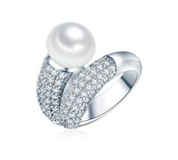 Valero Pearls Anello da donna 925/- argento sterling | Rodiato, anello cocktail, zircone, bianco, sfaccettato, perla coltivata d'acqua dolce, ca. 9,0-10,0 mm, bianco, bottone