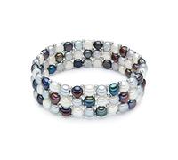Valero Pearls Bracciale da Donna Multicolore Perle d'Acqua Dolce 5-6 mm | Perle coltivate, a bottone, bianco, argento, blu pavone, a tre file, ottone, bracciale di perle, elegante