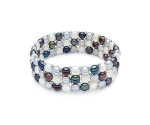Valero Pearls Bracciale da Donna Multicolore Perle d'Acqua Dolce 5-6 mm | Perle coltivate, a bottone, bianco, argento, blu pavone, a tre file, ottone, bracciale di perle, elegante