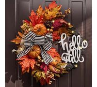 Valery Madelyn Ghirlanda autunnale per porta d'ingresso, 55,9 cm, ghirlanda per porta autunnale con luce per raccolto autunnale portico decorazione per la casa, ghirlanda di zucca arancione con fiocco