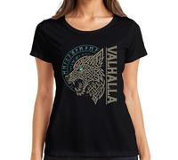 Valhalla, maglietta da donna con lupo vichingo, rune celtiche, mitologia saga, Nero , M