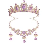 VALICLUD 1 Set Collana Diademi Comunione Collana D'oro Da Donna Per Donne Decorazioni Per La Doccia Nuziale Corone Diadema Viola Collane Nuziali Per Spose Tiara Viola,porpora Strass
