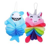 VALICLUD 2pezzi Spugne da Doccia Esfolianti Spugne per Lavaggio del Corpo Effetto Detergente Ricco di Bolle Design Forma di Unicorno e Squalo Carino e Creativo per Ragazzo Ragazza Cordino