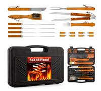 Valigetta 18 pezzi Accessori per Barbecue in Acciaio e Legno: Kit utensili BBQ completo resistente, durevole e facile da pulire. Utensili professionali per grigliate all'aperto, campeggi e feste.