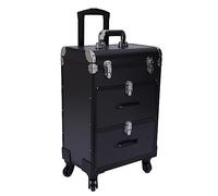Valigetta cosmetica trolley in alluminio con serrature, beauty case, grande valigetta organizer per trucchi da viaggio, per nail art, trucco, 36 x 23 x 58 cm, Nero , Stile retr