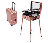 Valigetta cosmetica trolley per trucchi, 22", Rolling Makeup Train Case per trucchi professionali, organizzatore cosmetico, tavolo da toeletta con 4 ruote e illuminazione e specchio, oro rosa.,