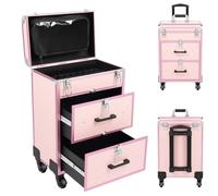 Valigetta cosmetica trolley, valigetta per cosmetici, con ruote girevoli a 360° e 3 cassetti, 2 pulsanti, grande per il trucco delle unghie, da viaggio, estetista, parrucchiere, rosa, Colore: rosa.,