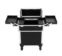 Valigetta da trucco professionale nera con design richiudibile, dotata di ruote e scomparti rimovibili, per trucchi e estetiste