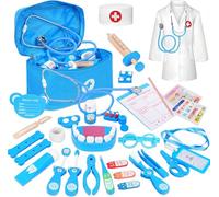 Valigetta Dottore Bambini,kit Dottoressa Bambina,Kit Dottore Bambino con Vero stetoscopio,Camice da Medico e Borsa da Medico Portatile,Gioco di Ruolo Gioco Educativo Regalo Bambinis di 3-8 Anni - Blu