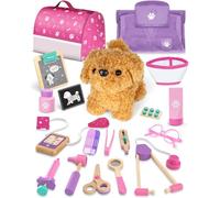Valigetta Dottore Bambini, Kit Veterinario di Legno, Kit Dottoressa Bambina con Peluche Cane, Valigetta Dottoressa Bambina con Camice e Cappello, Giochi Bambini 3 Anni(Rosa)