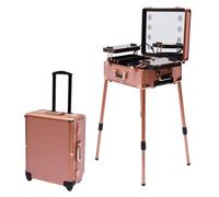 Valigetta per cosmetici, grande con specchio illuminato e rotelle, valigetta per unghie, beauty case, prese di ricarica, richiudibile, portatile, per trucchi, colore oro rosa