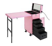 Valigetta per il trucco professionale in alluminio, tavolo da manicure con ruote con altoparlante Bluetooth e specchio, carrello per il trucco mobile pieghevole con ruote di blocco, Rosa, /