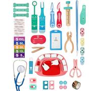Valigetta per medici, in legno, 34 pezzi, gioco di ruolo con siringa, denti, stetoscopio, spazzolino da denti e valigia, giocattolo educativo per bambini dai 3 anni, pratica medica in legno