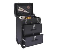 Valigetta per trucchi, con 2 cassetti e 2 lucchetti, grande 36 x 23 x 58 cm, con ruote, girevole a 360°, grande capacità, Nero , moderno