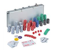 Relaxdays Valigetta Poker, 500 Chips Laser, 2 Mazzi di Carte, 5 Dadi, Dealer, Richiudibile & Portatile,Alluminio,Argento