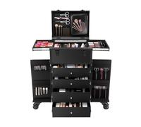 Valigetta professionale Rolling Makeup Case Trolley in alluminio ABS con 6 rotoli, colore nero, moderno, 4 cassetti, scomparti laterali, portata 30 kg, 40 x 30 x 80 cm