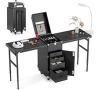 Valigetta trolley portatile con tavolo pieghevole e lucchetto, colore nero | Quattro piani pieghevoli con ruote, altezza ergonomica 69 cm, ideale per salone e uso domestico