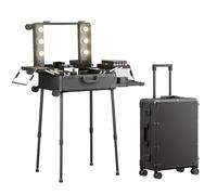 Valigia per il trucco con ruote in alluminio, grande specchio con 6 lampadine, organizzazione cosmetica con serratura a codice, stazione di valigetta per il trucco pieghevole per viaggi e studio