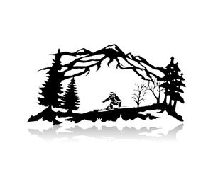 VALINSKY Decorazione murale in metallo con sciatore, decorazione murale a tema montagna e alberi, decorazione murale con montagna e alberi, regalo per gli amanti dello sci per ufficio e casa