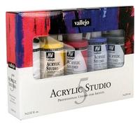 vallejo, acrylic studio, 5 colori acrilici da 200 ml (bianco di titanio, giallo cadmio scuro, magenta, blu ciano, nero ossido di ferro)