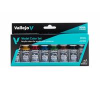 Vallejo Model Color Wargames Basics 70260, set di 8 colori acrilici da 18 ml per wargame e miniature: bianco, carne scura, rosso, blu, verde, marrone, nero e argento, flaconi con contagocce