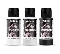 Vallejo Primer per superfici in poliuretano acrilico, bianco, grigio e nero, flaconi da 60 ml, asciugatura rapida, primer ad alta adesione per miniature e modelli in scala