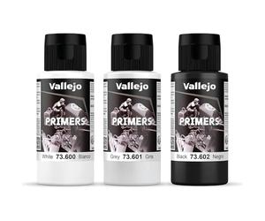 Vallejo Primer per superfici in poliuretano acrilico, bianco, grigio e nero, flaconi da 60 ml, asciugatura rapida, primer ad alta adesione per miniature e modelli in scala