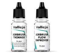 Vallejo - Set di diluenti per aerografo e miglioramento del flusso (2 x 18 ml) - Riduttore di vernice acrilica e aiuto per miniature, modelli e aerografi in scala con flaconi contagocce di precisione