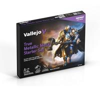 Vallejo True Metallic Metal Starter Set - Set di Avviamento Pittura Metallizzata per Miniature - 12 Colori da 18ml + Pennello + Miniatura Esclusiva