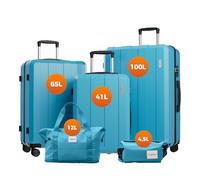 Vallsero Set di valigie, trolley, valigia da viaggio, 5 pezzi, ABS, lucchetto TSA, include 1 borsa da viaggio e 1 beauty case, 4 ruote, manico telescopico in alluminio, Azzurro, Set di valigie di