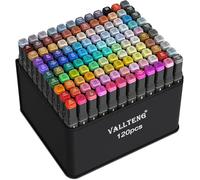 Vallteng Set di 120 pennarelli colorati ad alcool, a doppia punta, per adulti, pennarelli indelebili per disegnare, schizzi, anime e manga, con scatola nera e custodia