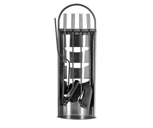 Valo Helsinki VK000302 - Set di posate per camino, 4 pezzi, con scopa, pala, pinza per presa e grembiule, set per camino con supporto, in acciaio INOX