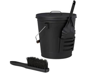 Valo Set di 3 secchi per cenere, con secchio, pala e scopa, secchio per carbone, camino, cenere, 15 litri, nero) VK000508