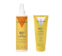 Valquer Pack protezione solare completa SPF 50. Crema viso 75 ml e spray protettivo corpo 300 ml. Mantiene la pelle morbida e idratata con acido ialuronico, vitamine e aroma Monoi di Tahiti. Vegano