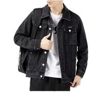 Valtorixia - Giacca in denim classica da uomo, stile casual, slim fit, con giacca di jeans, denim sdrucito e strappato, giacca da camionista con buchi, Nero, XL