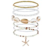ValueBargain Set di 7 bracciali da donna con perle, realizzati a mano, con ciondolo a forma di stella marina, elastico regolabile per impilare o come cavigliera regalo per donne