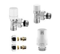 Valvola e detentore per termoarredo in acciaio cromo con tappo bianco, attacchi standard G ½”, INCLUDE testa termostatica e raccordi per rame o multistrato
