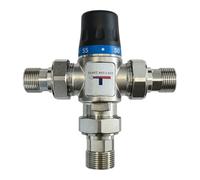 Valvola Miscelatrice Termostatica Solare 1” in Ottone CW617N con Prolunghe 3/4” M, Regolatore Temperatura 35-60°C, Antiscottatura per Boiler, Scaldabagno e Impianti Solari