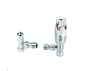 Valvole termostatiche per termosifone in ottone cromato lucido ad angolo TRV, set detentore 1/2" x 15 mm, manopola rotante manuale, intervallo di temperatura 6-28 gradi