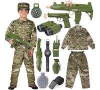 Vamei 13Pezzi Costume Militare Bambino Tuta Militare per Bambini Costume da Soldato Bambino con Walkie-Talkie Mitra Pistola Giocattolo Militare Cappello Mimetico per Bambino Ragazzo Ragazza 10-11 Anni