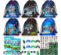 vamei 48 Pezzi Videogiochi Gadget Compleanno Bambini con Borsa con Coulisse Zaino Sacca Portachiavi Tatuaggi Braccialetti in Silicone Kit Festa Bomboniere Regalini Compleanno Invitati per Bambino