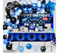 Vamei Decorazioni Compleanno Bambino Palloncini Blu Nero Addobbi Festa Videogiochi con Happy Birthday Sfondo Tovaglia Kit Ghirlanda per Bambini Ragazzi