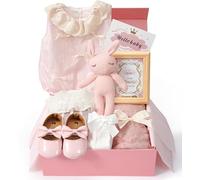 vamei Regalo Nascita Bimba Bimbo con Pagliaccetto Neonato Scarpine Peluche Coniglio Coperta Cornice per Foto Calzini, Set Regalo Neonato Nascita Regali Baby Shower Bimba