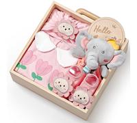 Vamei Set Regalo Neonato Nascita Bimba, Kit Neonato Regalo Nascita Bimba con Pagliaccetto Neonato Calzini Bavaglini Doudou Mussole Neonato Cotone Scatola di Legno, Set Neonato Regalo Nascita Bimba