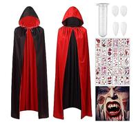 Vampiro Mantello con Cappuccio, 140 CM Mantello Cappuccio Nero Rosso Halloween con Dentiere e Lacrime e Sangue Tatuaggio, Mantello per Costume di Halloween per Bambini e Adulti