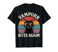 Vampurr Bites Again Funny Retro Halloween Vampire Cat Pun Maglietta