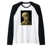 Van Gogh, Cranio di Scheletro con Stampa Sigaretta Bruciante Maglia con Maniche Raglan