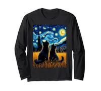 Van Gogh Starry Night two Cats Moonlit Scene Cat Lovers Maglia a Manica