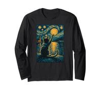 Van Gogh Starry Night Vintage Cat Moonlit Scene Cat Lovers Maglia a Manica