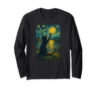 Van Gogh Starry Night Vintage Cat Moonlit Scene Cat Lovers Maglia a Manica